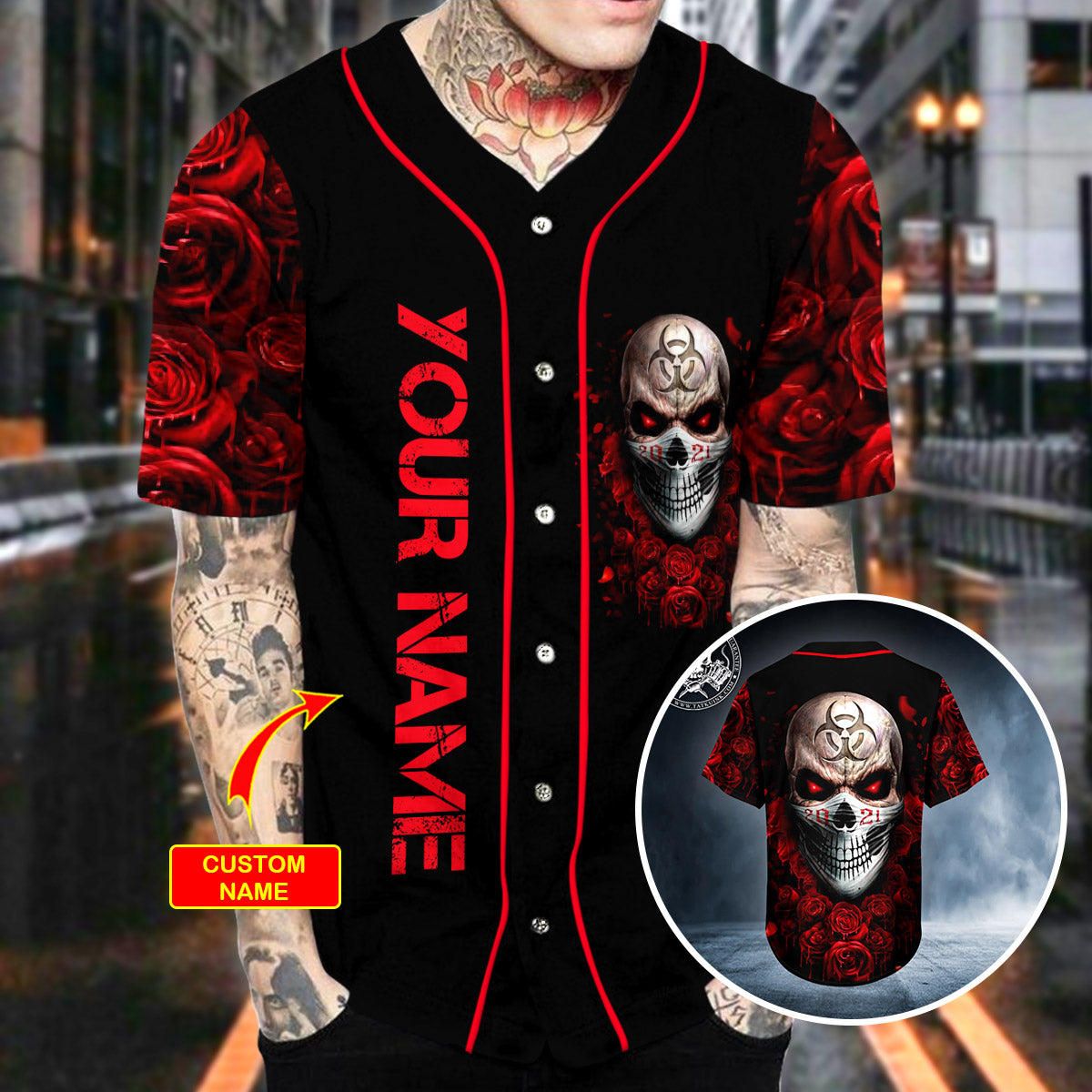 2021 Red Biohazard Lockdown Rose Skull Custom Baseball Jersey | BSJ-519