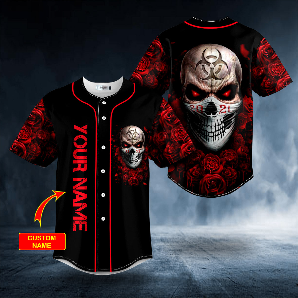 2021 Red Biohazard Lockdown Rose Skull Custom Baseball Jersey | BSJ-519