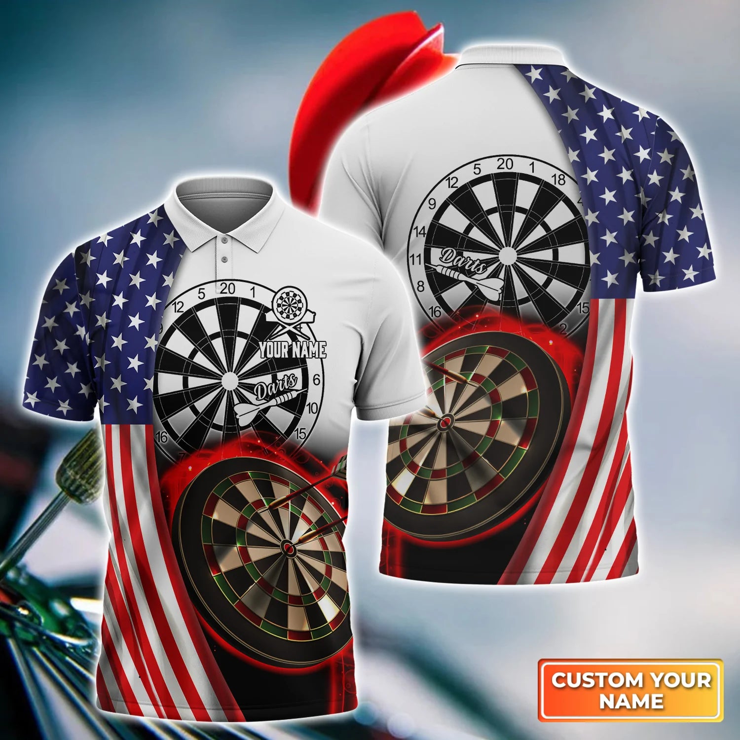 3D Polo Shirt with American Flag Dartboard Design for Darts, Sports, Championships, and Dart Team Apparel – DP121