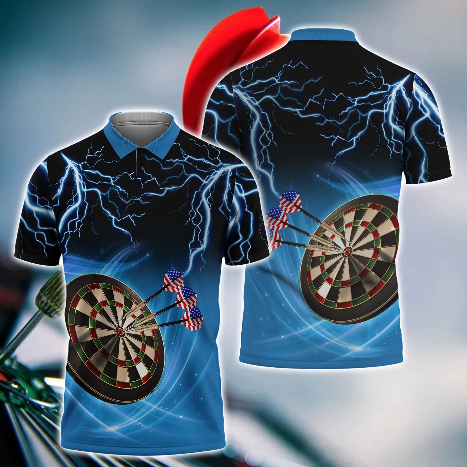 3D Polo Shirt with American Flag Design for Dart Players: A Humorous and Sporty Shirt for Championships and Dart Teams – DP122