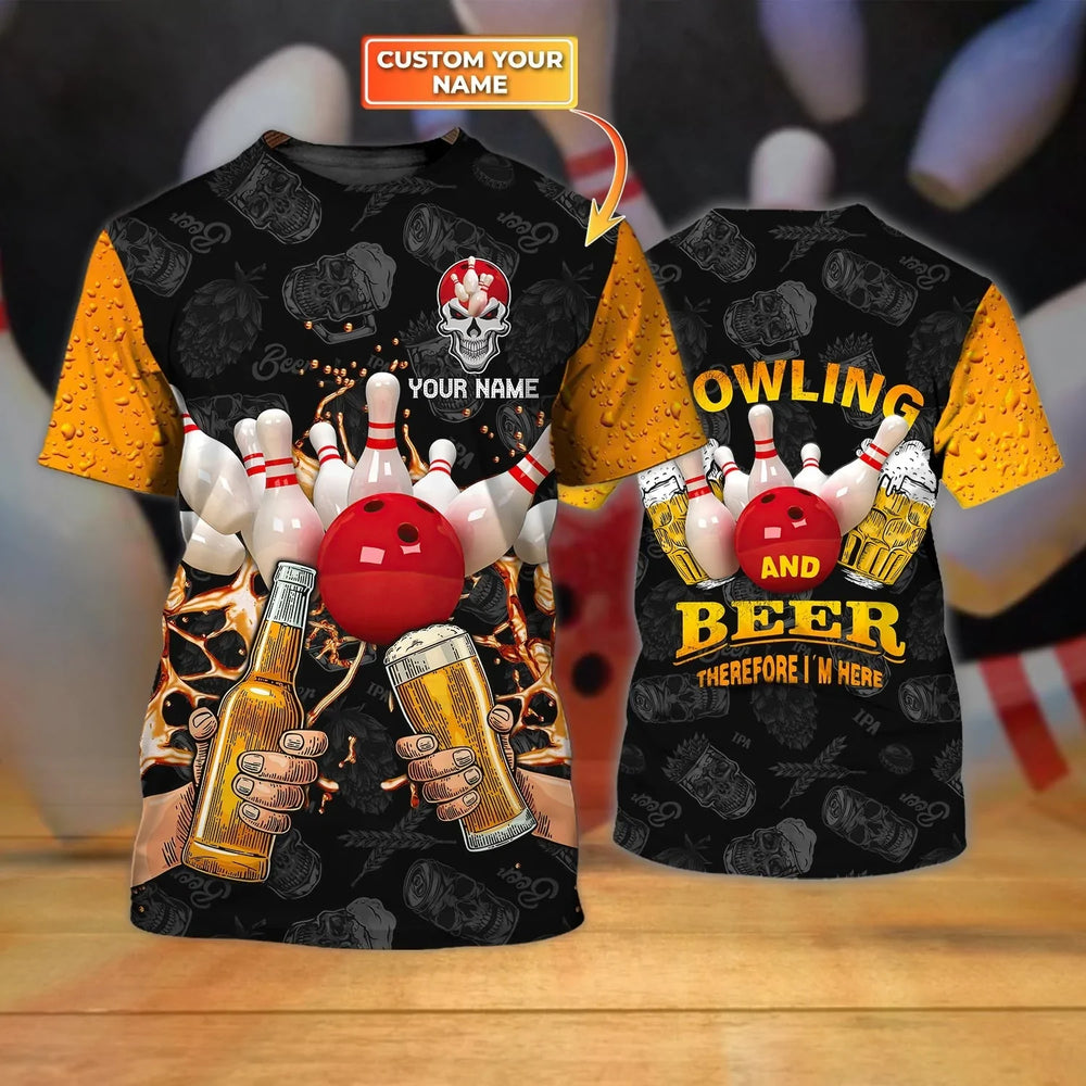 3D Printed Bowling T-Shirt with Customized Skull Design for Men and Women, Perfect for Bowling and Beer Enthusiasts – BT011