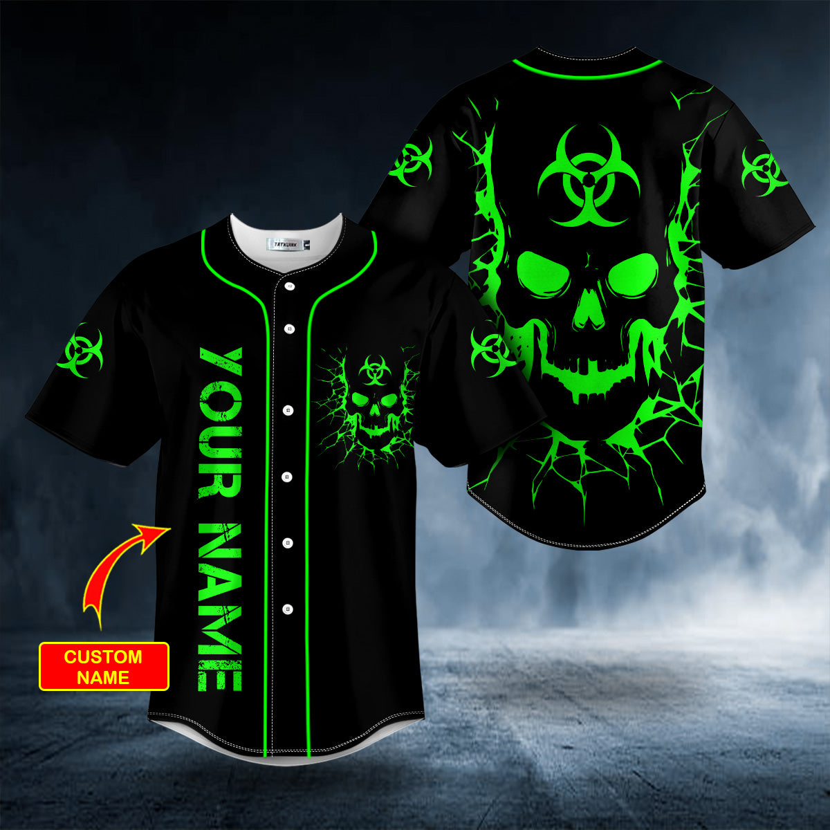 Biohazard Symbol Green Flame Skull Custom Baseball Jersey | BSJ-628