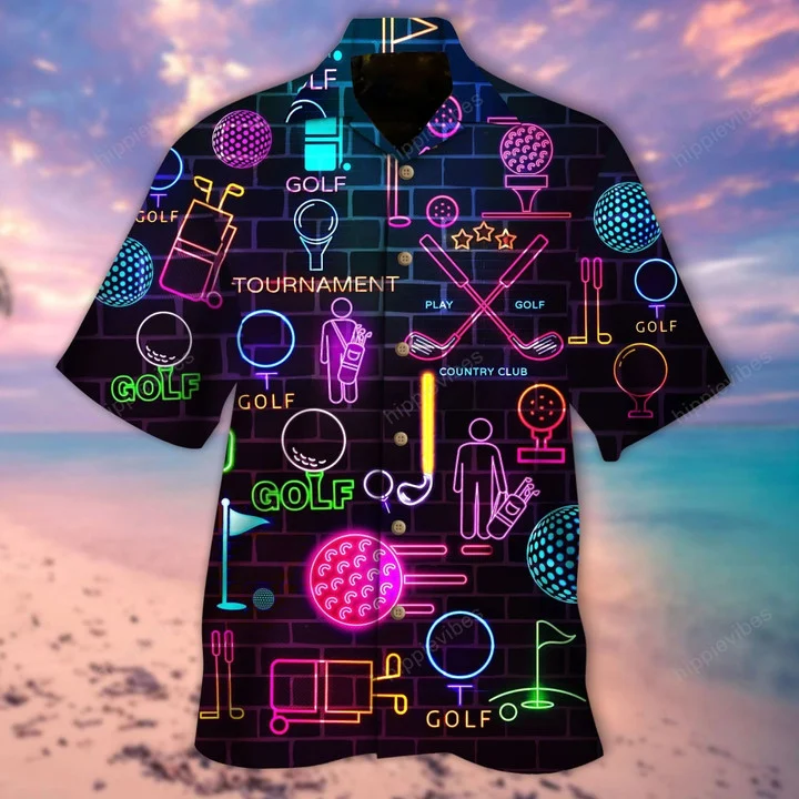 Black Hawaiian Shirt with Neon Golf Equipment – GH006