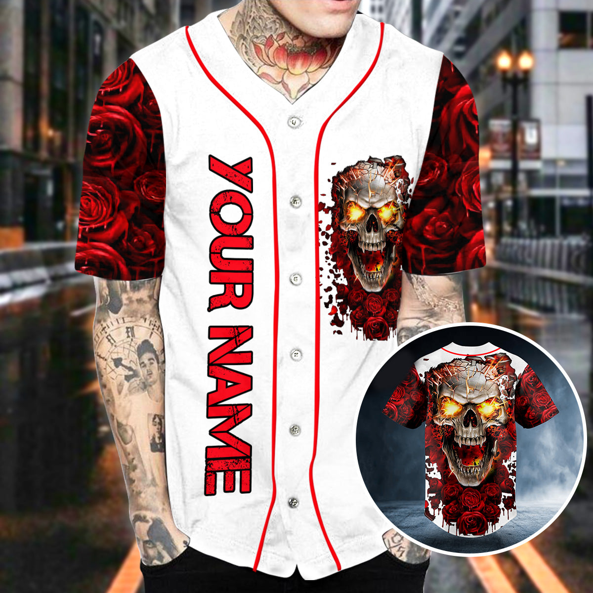 Blood Rose Fire Skull Custom Baseball Jersey | BSJ-617