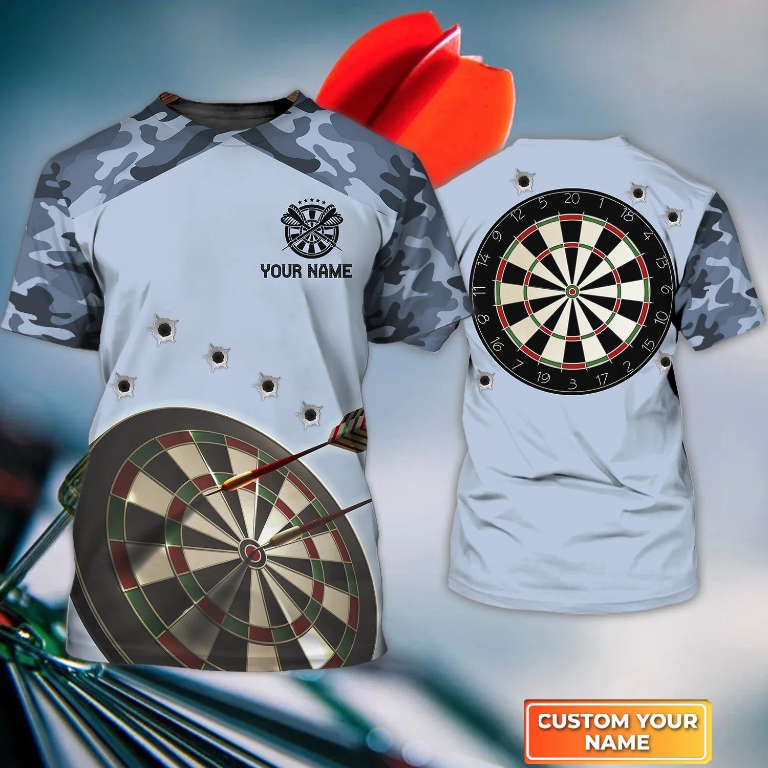 Blue Camo Darts Personalized Name 3D Tshirt For Darts Team Player – DT065