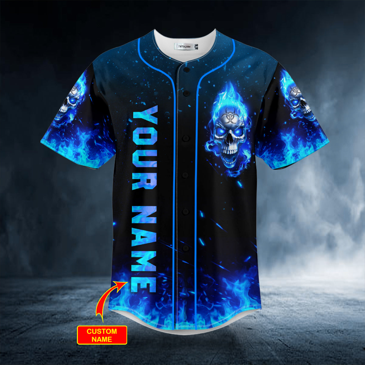 blue flaming biohazard tribal metal skull custom baseball jersey bsj 948 drhx2