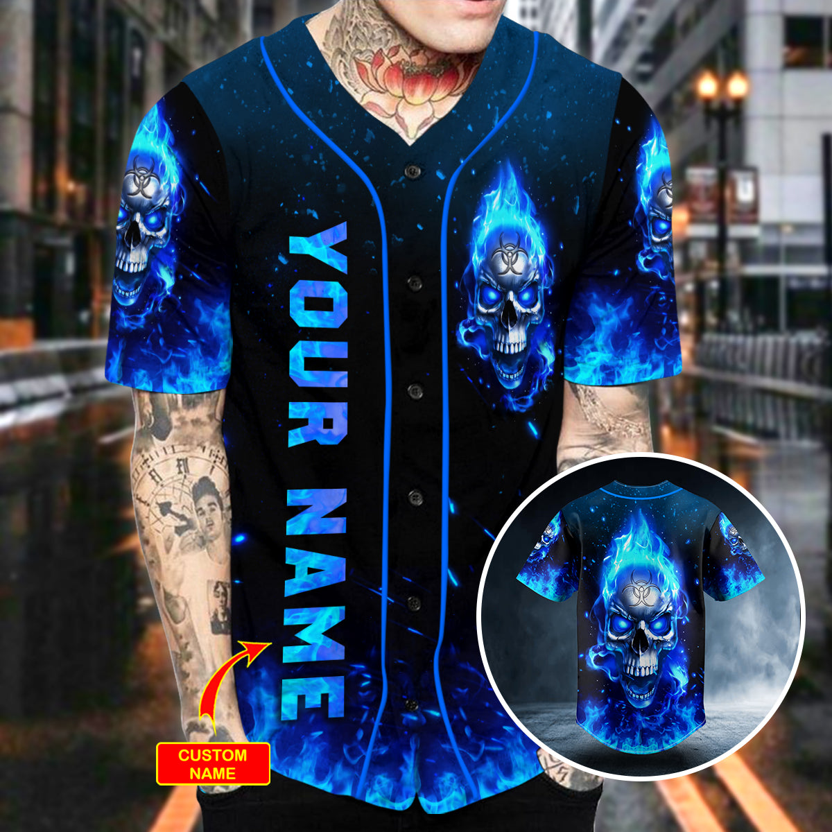 blue flaming biohazard tribal metal skull custom baseball jersey bsj 948 txedv