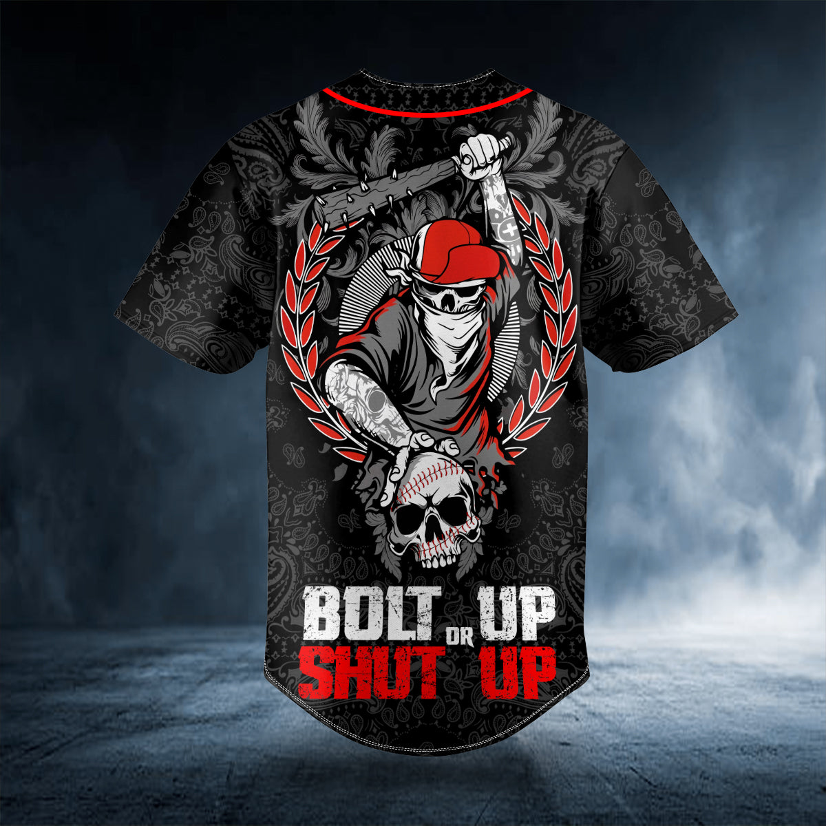 Bolt Up Or Shut Up Baseball Bat Skull Custom Baseball Jersey | BSJ-906