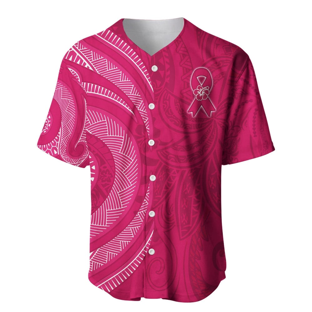 Breast Cancer Awareness Baseball Jersey with Hibiscus Polynesian Design and “No One Fights Alone” MessageBSJ-409