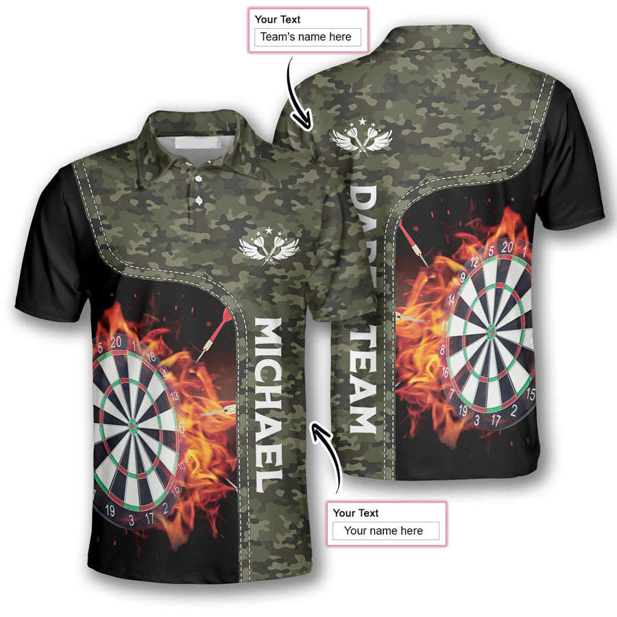 Camouflage Dart Board Fire Flame Custom Darts Shirts for Men, Darts player shirt, Darts team uniform, Darts love gift – DT023