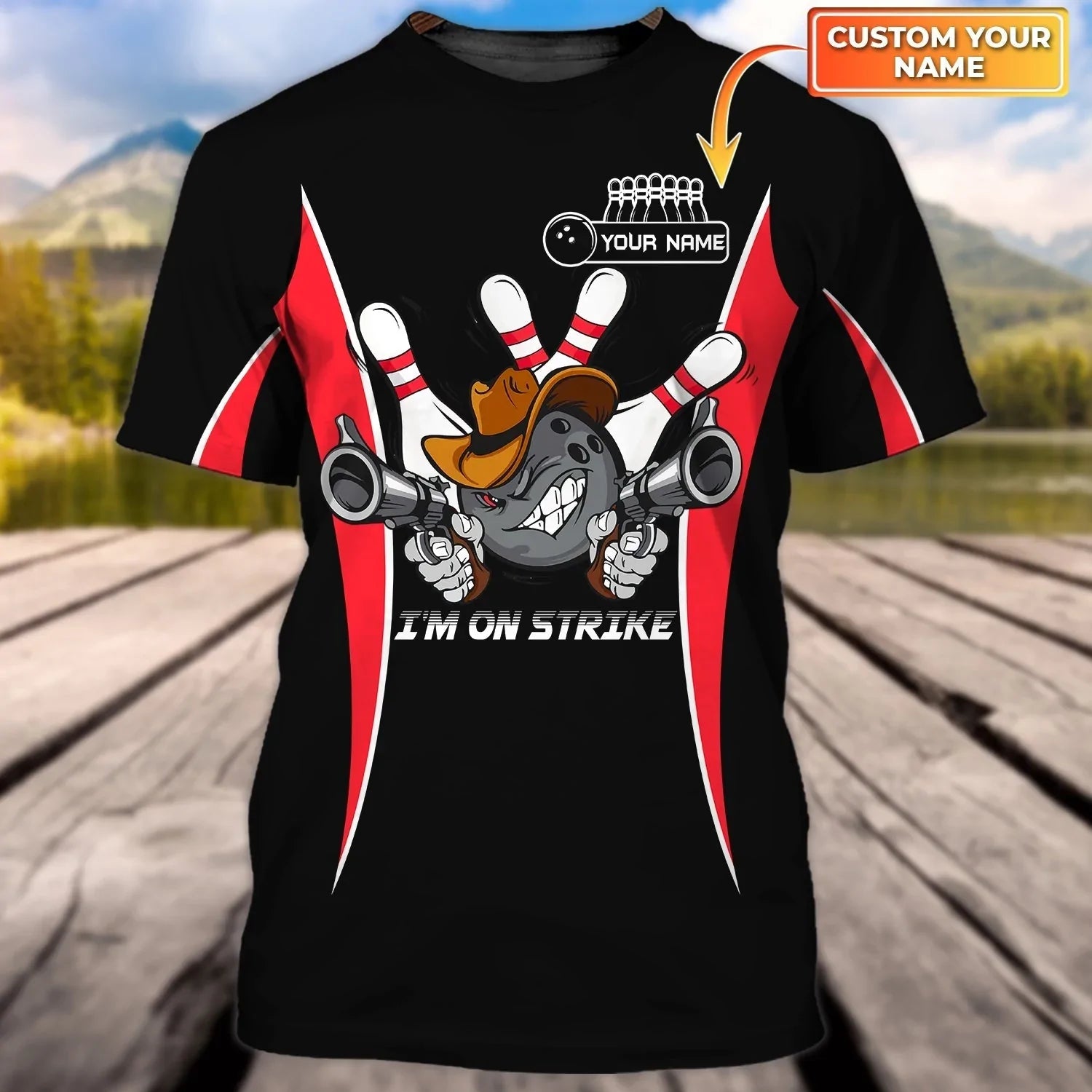 Customized Black Bowling T-Shirt with 3D All-Over Print, Featuring “I’m On Strike” Design – Hilarious and Unique Bowling Shirts – BT005