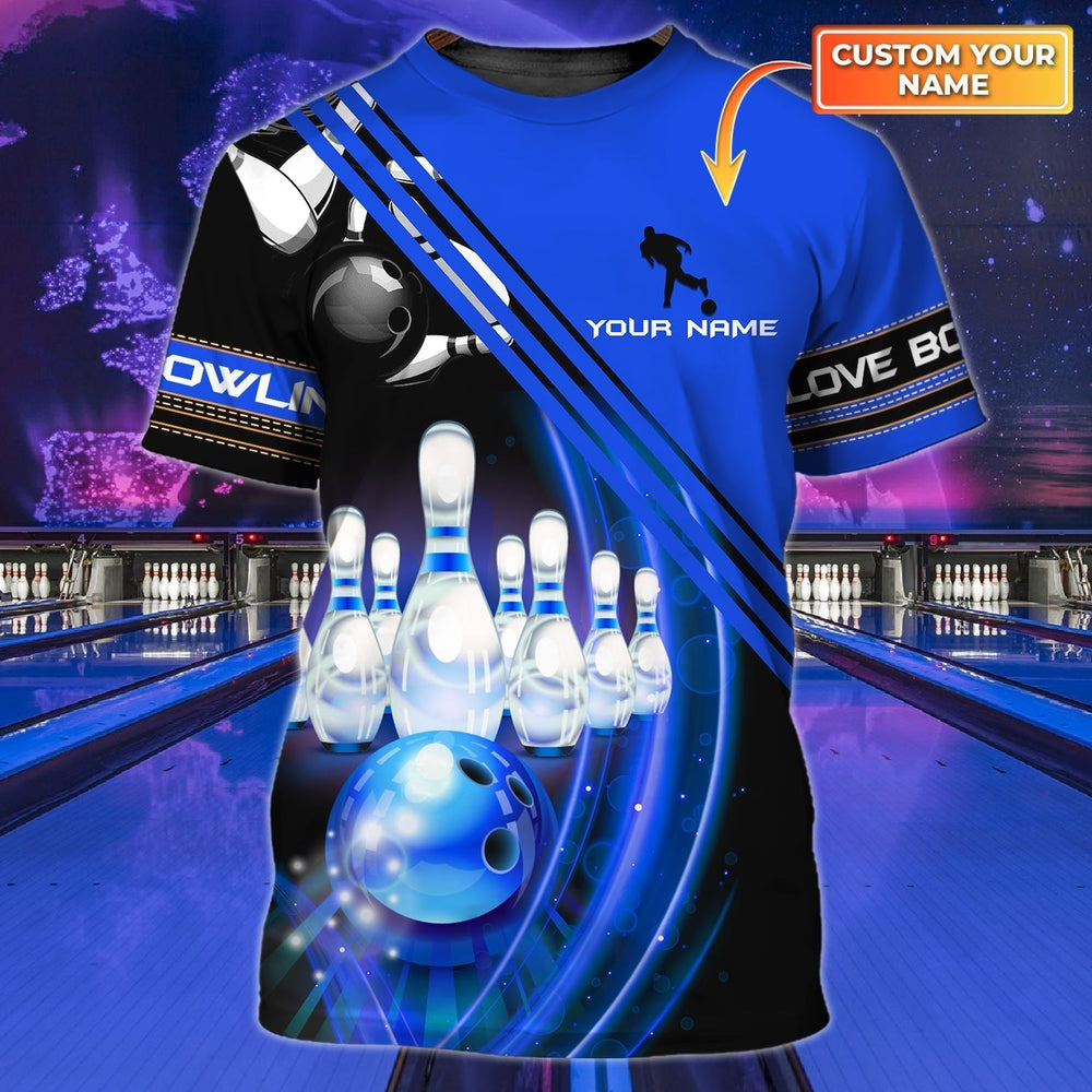Customized Blue Bowling T-Shirts with Name, Unique 3D Bowling Shirts, Perfect Present for Bowling Enthusiasts. – BT150