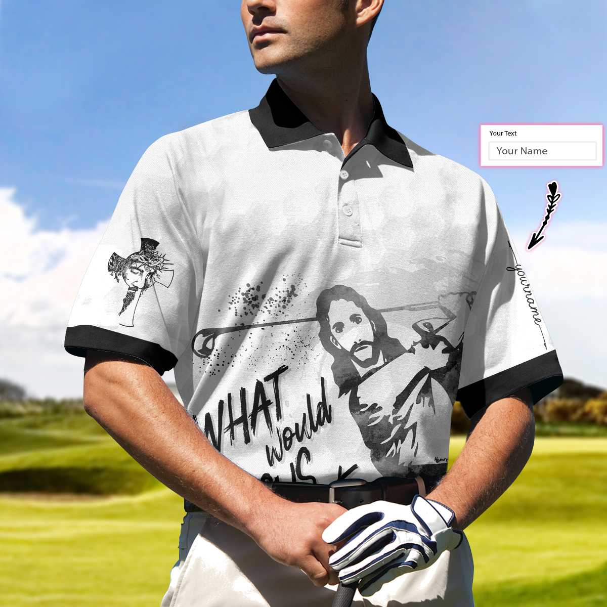 customized golf shirt for men black and white polo with jesus choice of weapon gp432 m7kbj