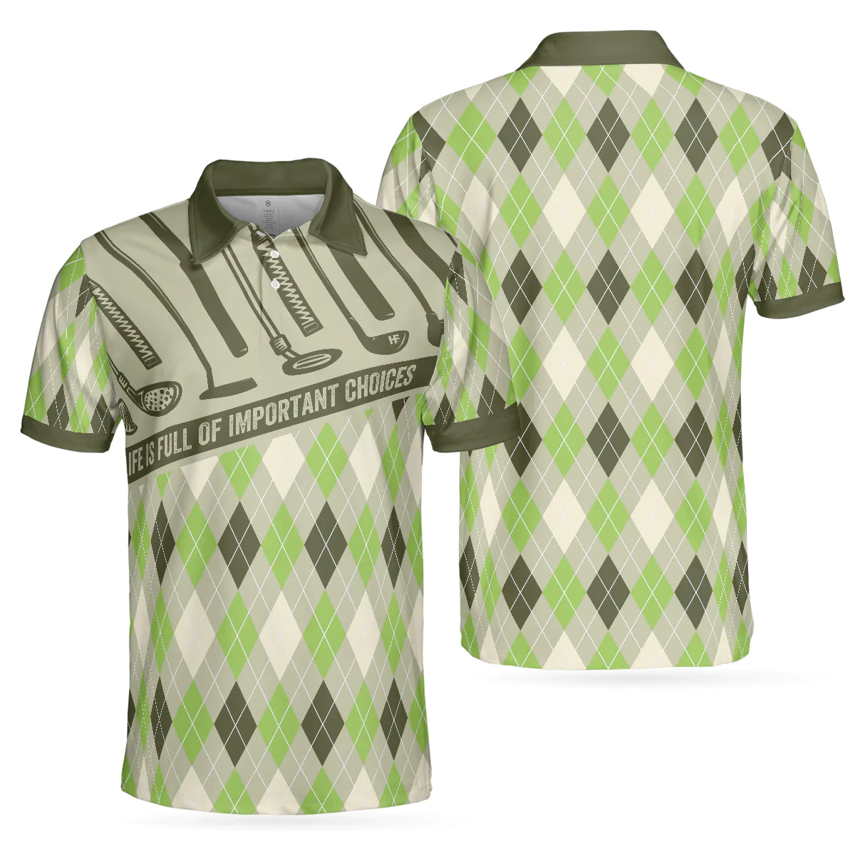 Men’s Polo Shirt with Green Argyle Pattern and Life Is Full Of Important Choices Design – GP362