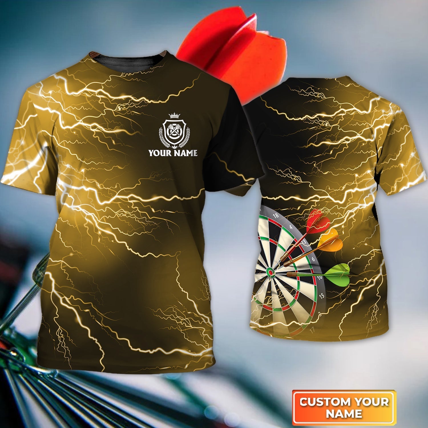 Darts Thunder Lightning Gold Personalized Name 3D Tshirt For Darts Player – DT193