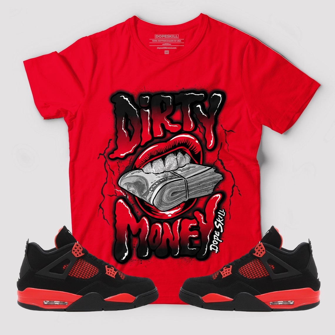 dirty money graphic to match jordan 4 red thunder red t shirt y01dm