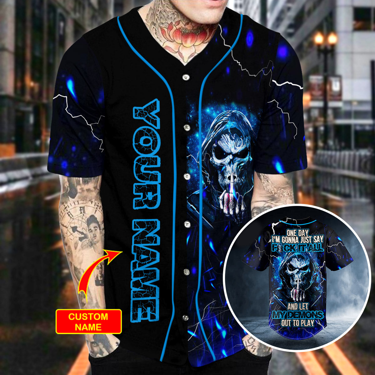 f it all middle finger grim reaper blue lightning skull custom baseball jersey bsj 597 c8q6r