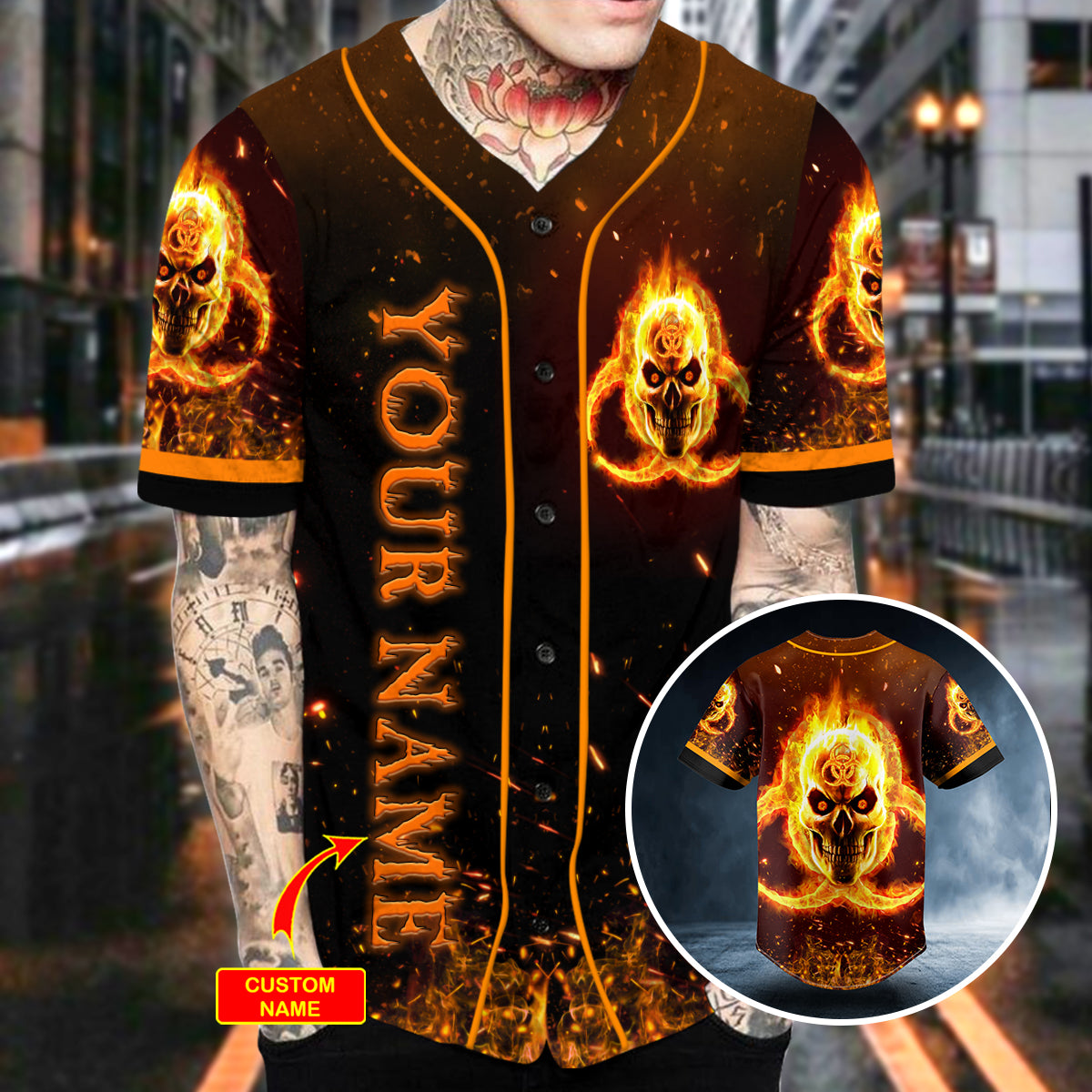 Fire Biohazard Skull Custom Baseball Jersey | BSJ-949