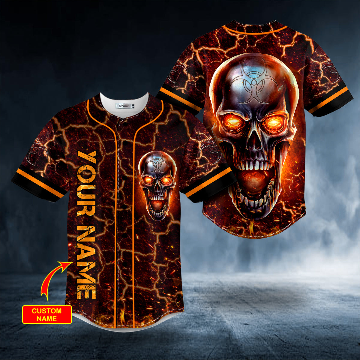 fire metallic biohazard skull custom baseball jersey bsj 957 1tpkq