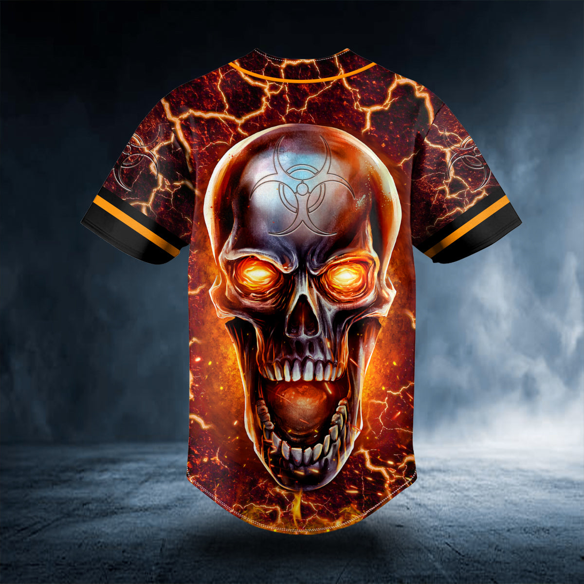 Fire Metallic Biohazard Skull Custom Baseball Jersey | BSJ-957