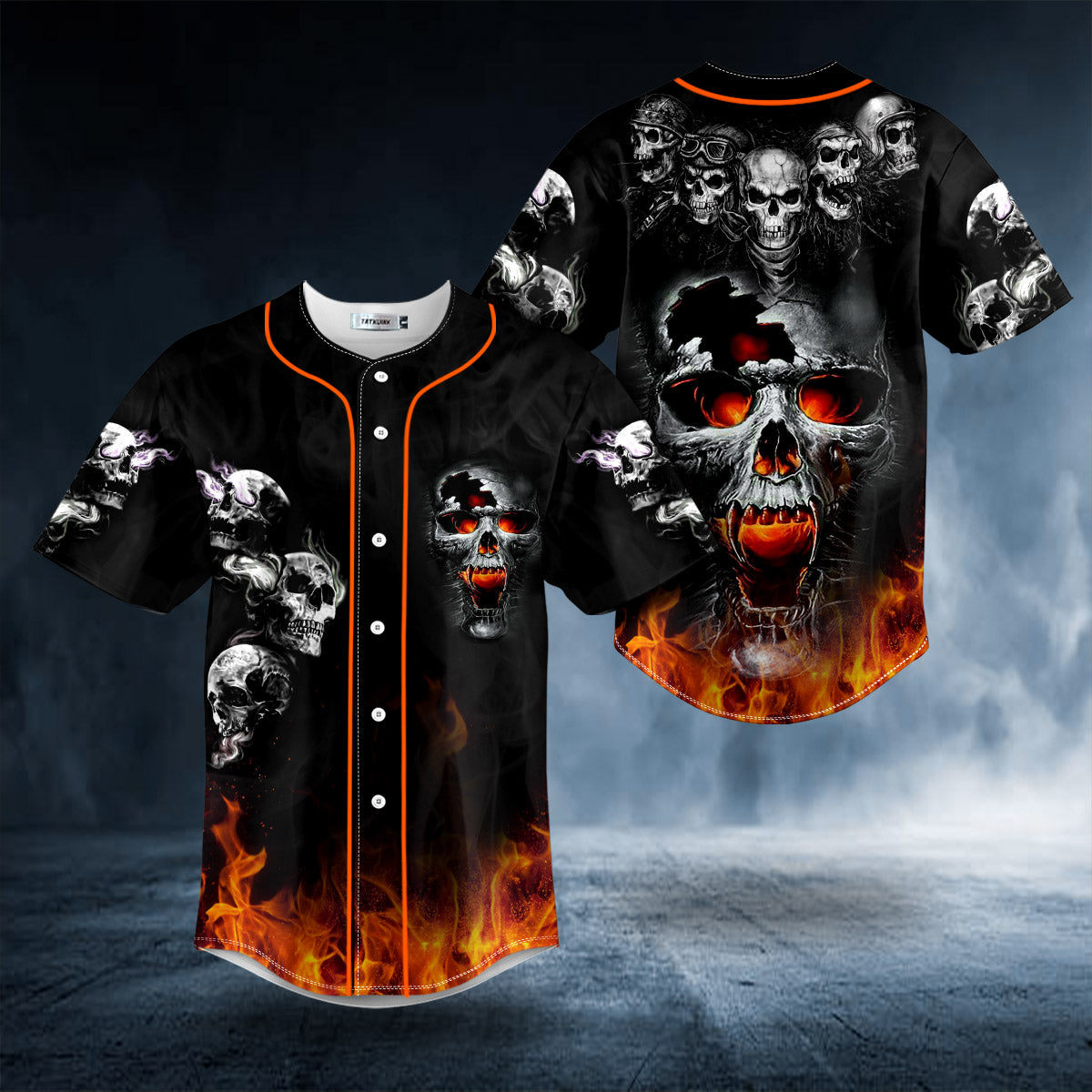 Ripped Fire Eyes Vampire Skull Baseball Jersey | BSJ-636