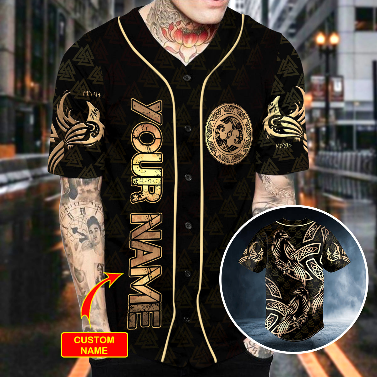 Gold Raven Viking Tattoo Custom Baseball Jersey | BSJ-985