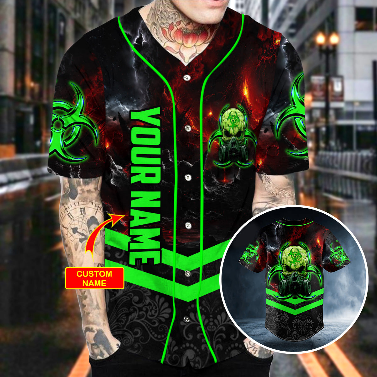 Green Biohazard Skull Custom Baseball Jersey | BSJ-515