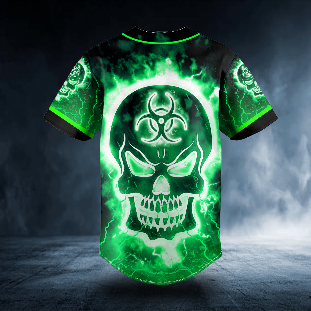 green fire biohazard skull custom baseball jersey bsj 650 of6md