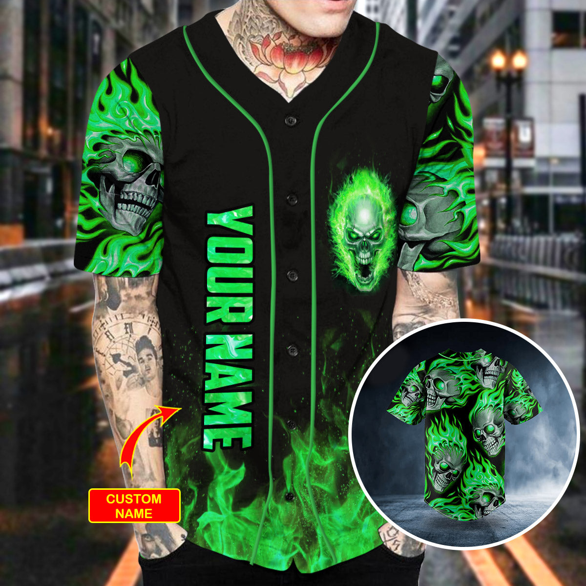 Green Ghost Skull Custom Baseball Jersey | BSJ-506