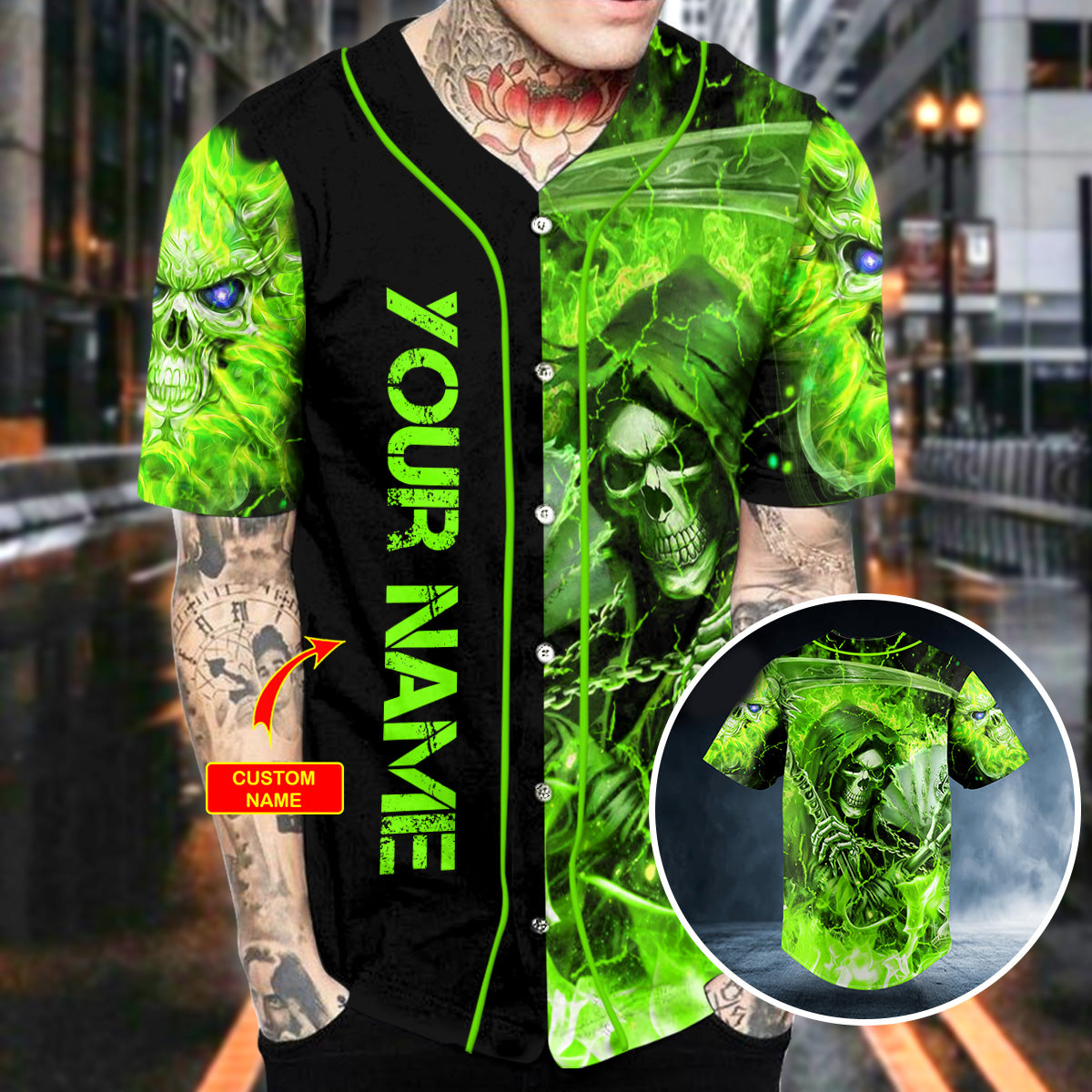 Green Lightning Grim Reaper Custom Baseball Jersey