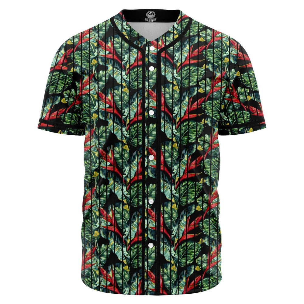 Green Mix Baseball Jersey with Tropical Monstera Leaf DesignBSJ-443