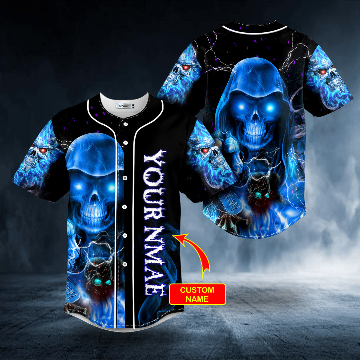 Grim Reaper Blue Fire Lightning Skull Custom Baseball Jersey | BSJ-832