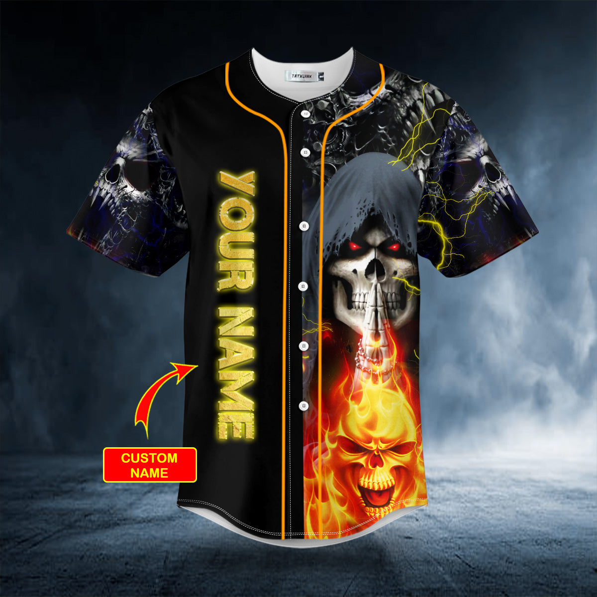 grim reaper praying lightning flaming hell skull custom baseball jersey bsj 846 fhoa7
