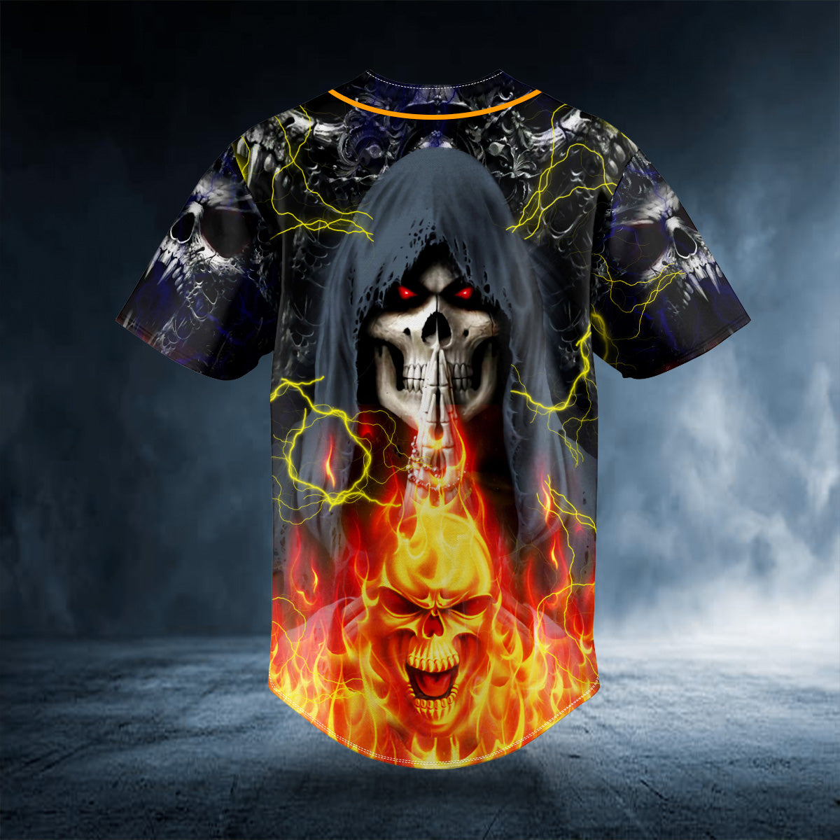 grim reaper praying lightning flaming hell skull custom baseball jersey bsj 846 hek3b