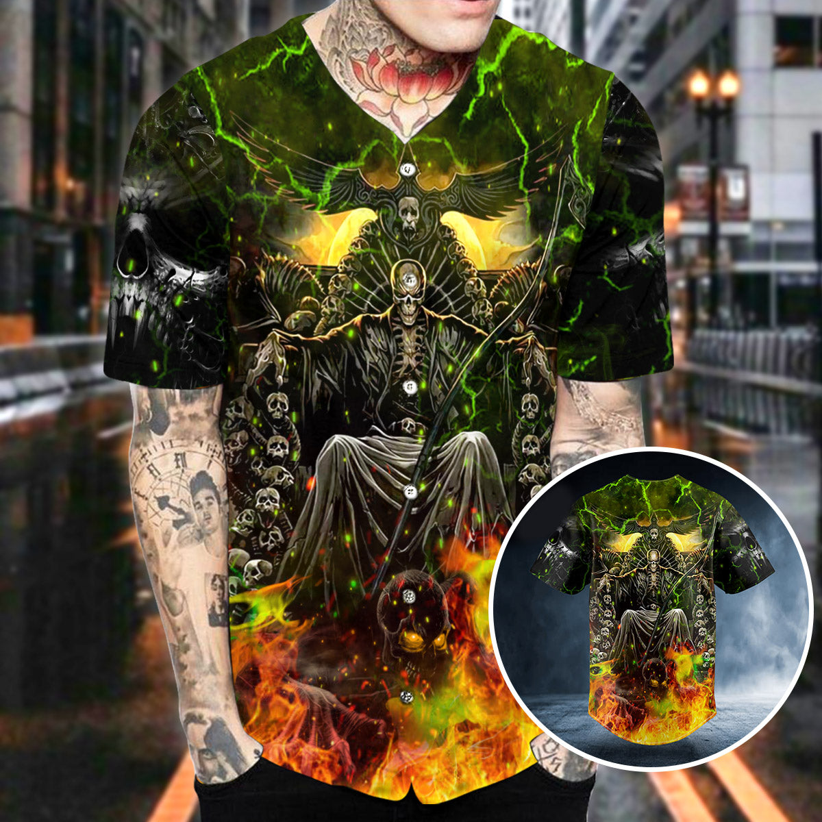 Grim Reaper Throne Zombie Ghost Fire Lightning Skull Baseball Jersey | BSJ-809