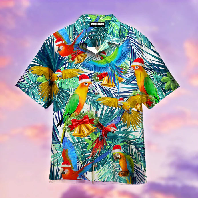 Hawaiian Beach Shirt with Adorable Parrot Christmas Design