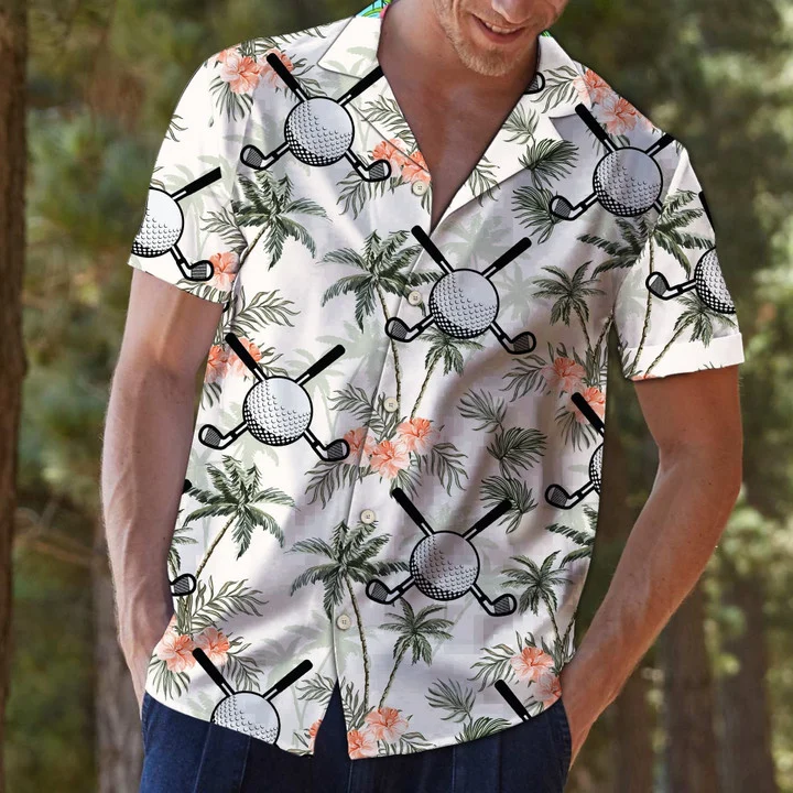 Hawaiian Shirt Featuring Palm Trees Design and Golf Putter and Balls – GH007