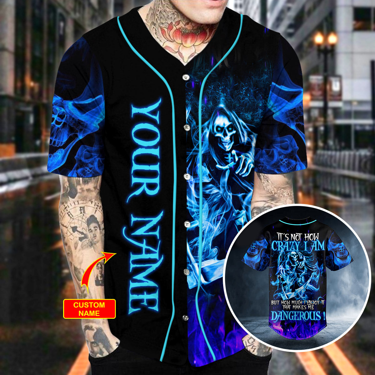 How Crazy I Am But How Much I Enjoy Blue Smoke Grim Reaper Skull Custom Baseball Jersey | BSJ-689