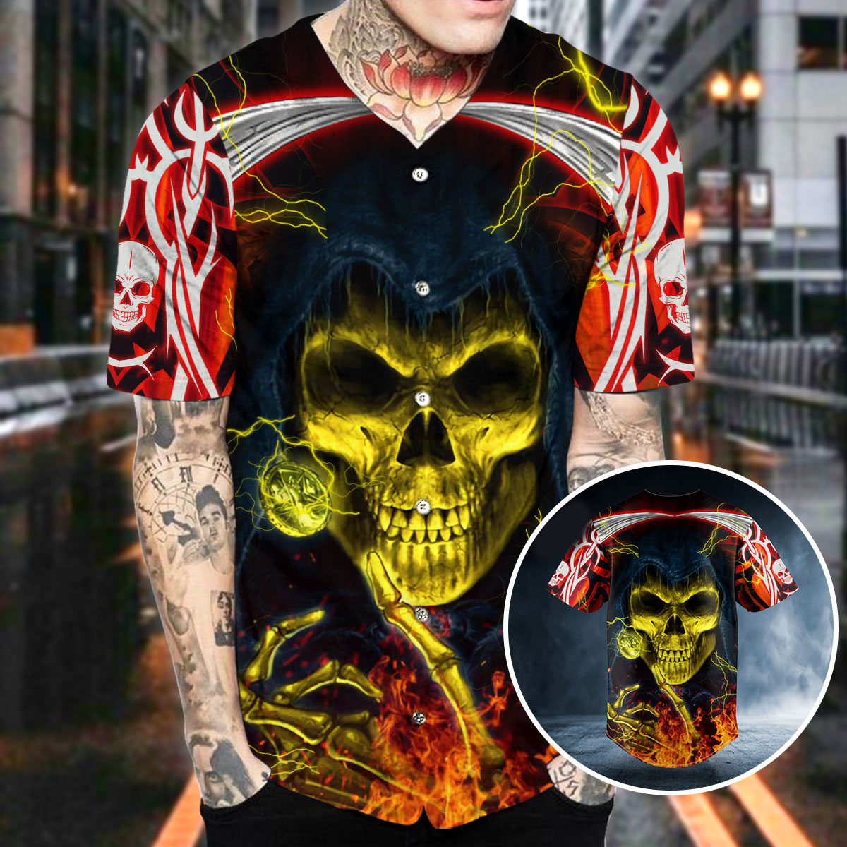 Lucifer Satan Grim Reaper Skull Baseball Jersey | BSJ-969