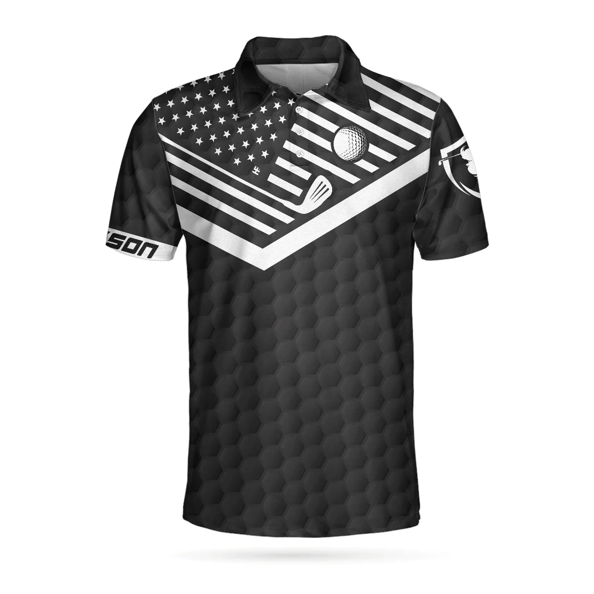 Men’s Golf Polo Shirt with Custom Design Featuring Left Hitting Black American Flag – A Humorous Addition to Your Golfing Attire – GP415