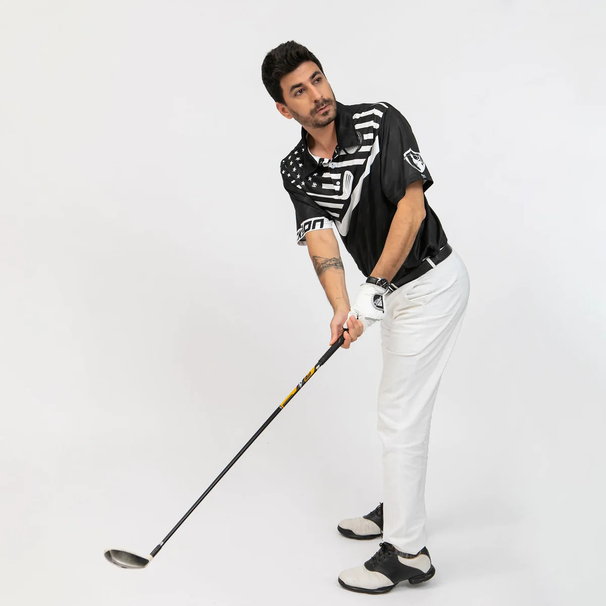 Men’s Personalized Black American Flag Golf Polo Shirt with “Swing, Swear, Drink, Repeat” Design – GP435