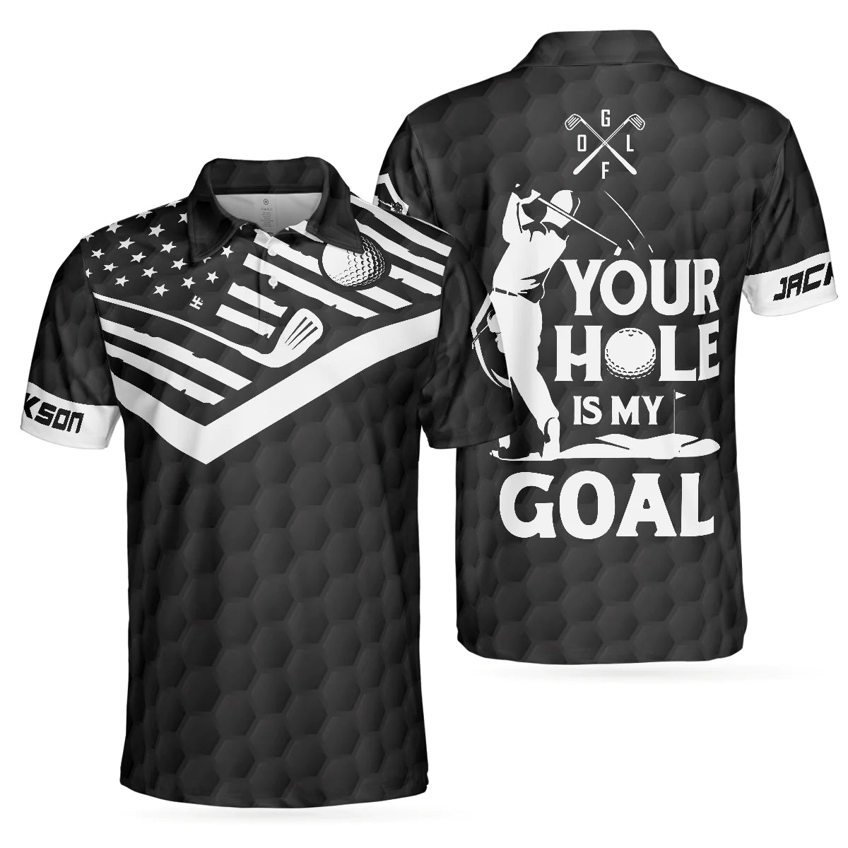 Customized White American Flag Polo Shirt – Perfect Golf Shirt for Men with “Your Hole Is My Goal” Design – GP433