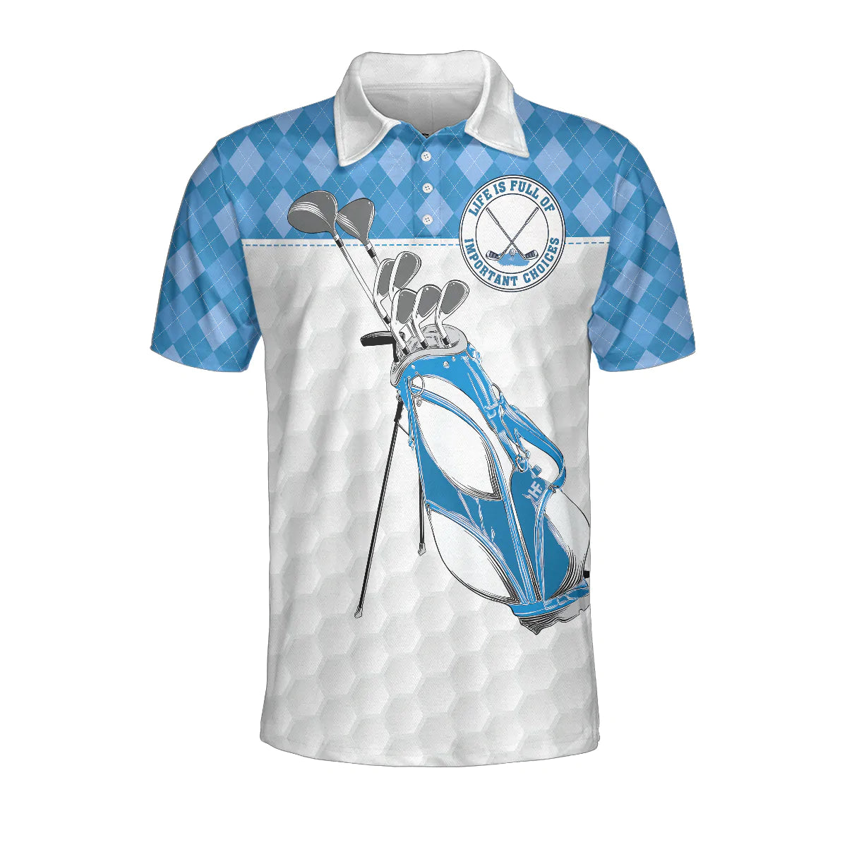 Men’s Polo Shirt with Blue Argyle Pattern and White Golf Texture, Featuring the Message “Life is Full of Important Choices” for Golfers – GP360