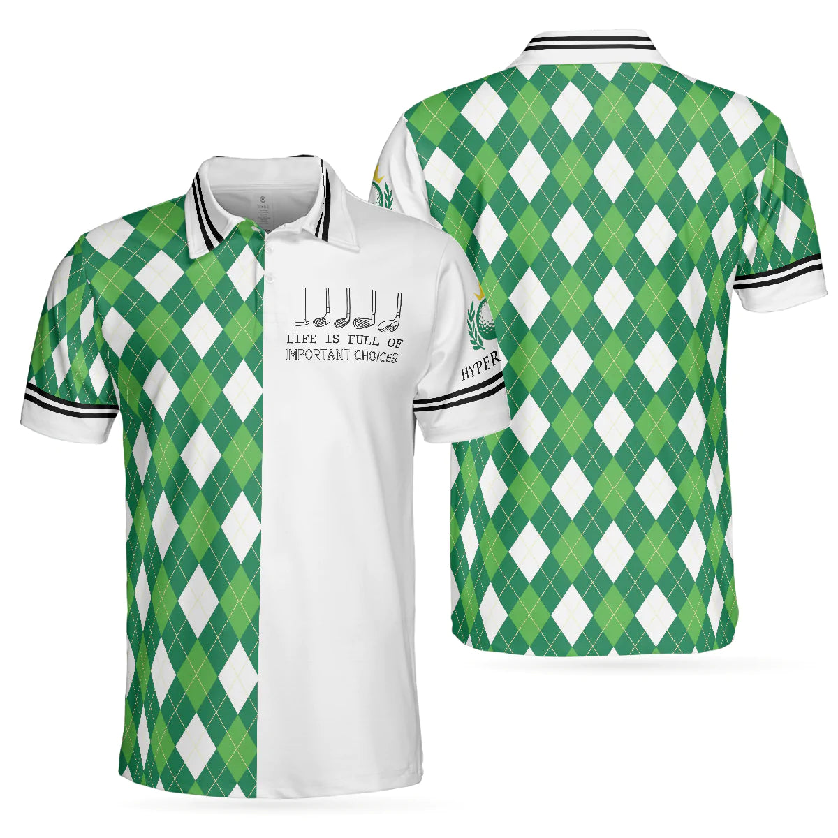 mens polo shirt with green argyle pattern and life is full of important choices design gp362 p8o5q