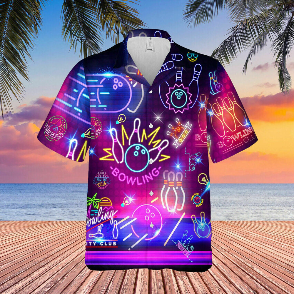 Men’s Unisex Hawaiian Shirt with 3D Neon Bowling Club Design – BH017