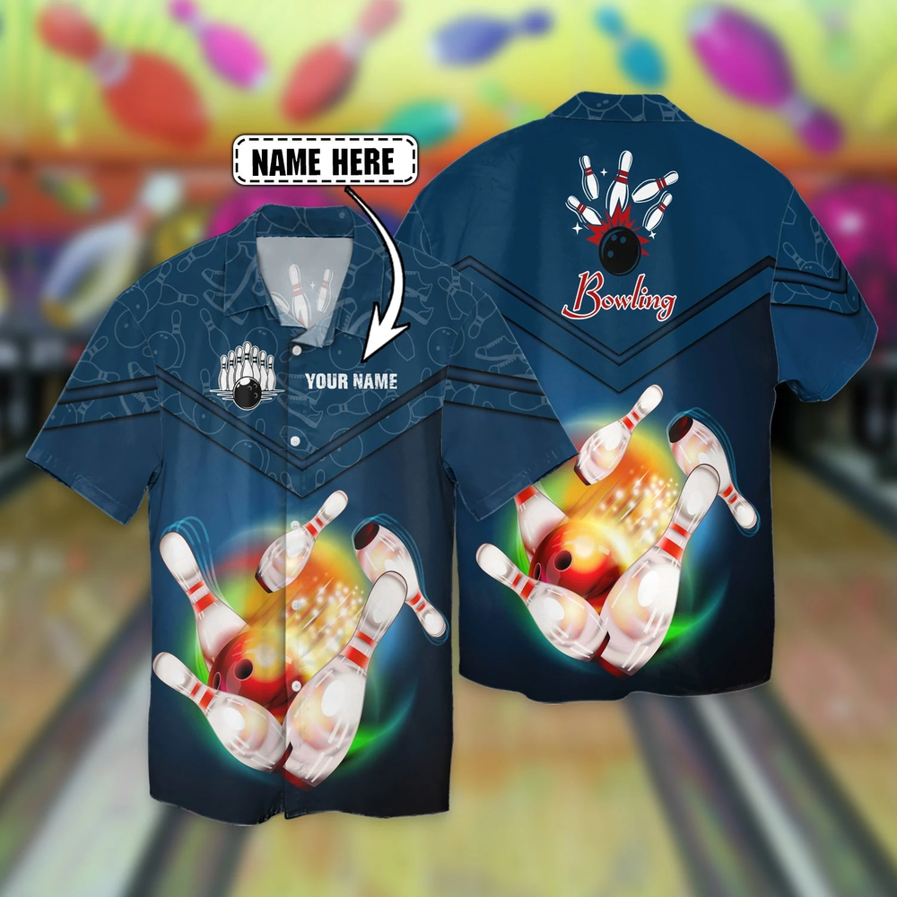 Men’s Vintage Hawaiian T-Shirt with Bowling Ball Aloha Print – BH004