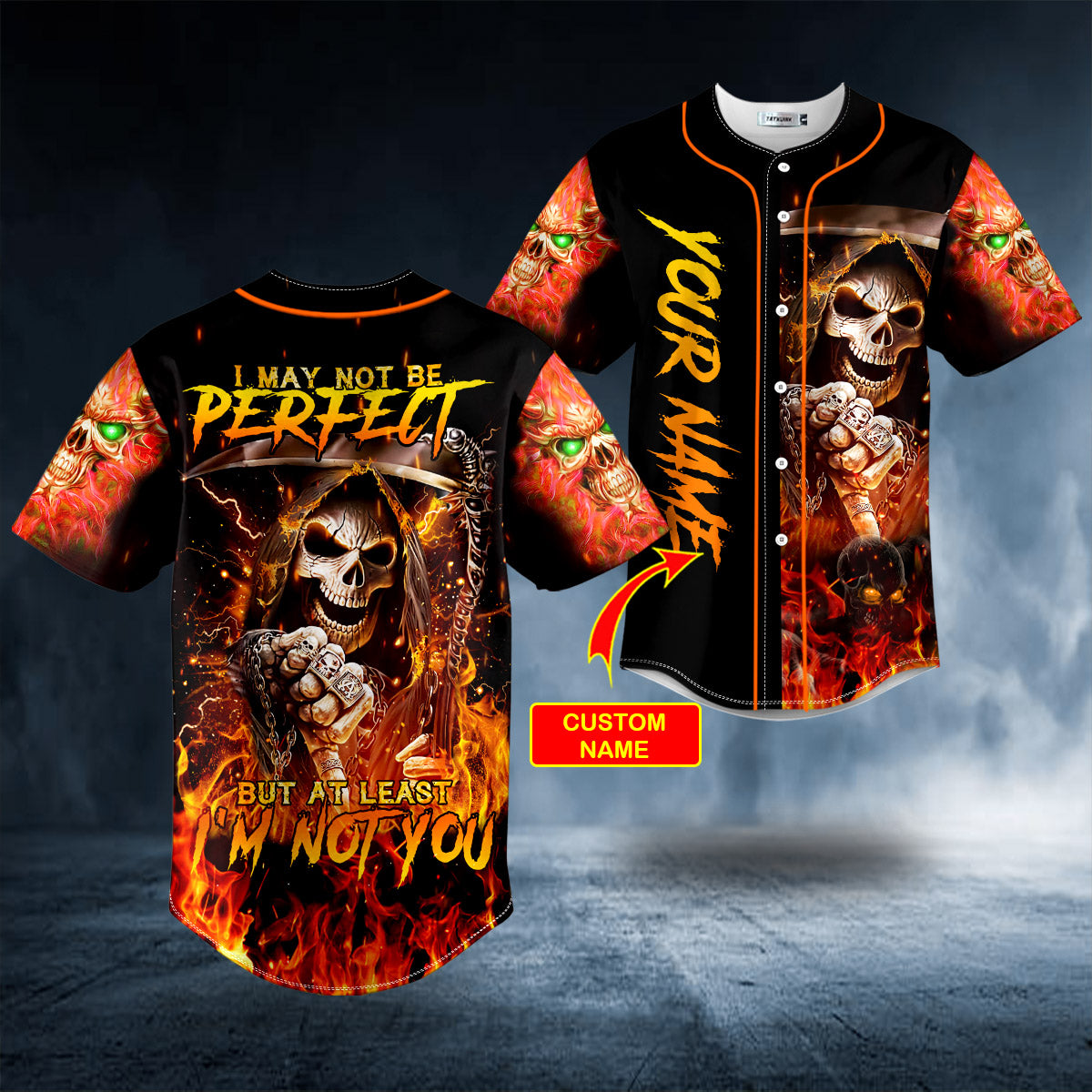 not be perfect but not you flaming metal grim reaper skull custom baseball jersey bsj 798 2i2bv