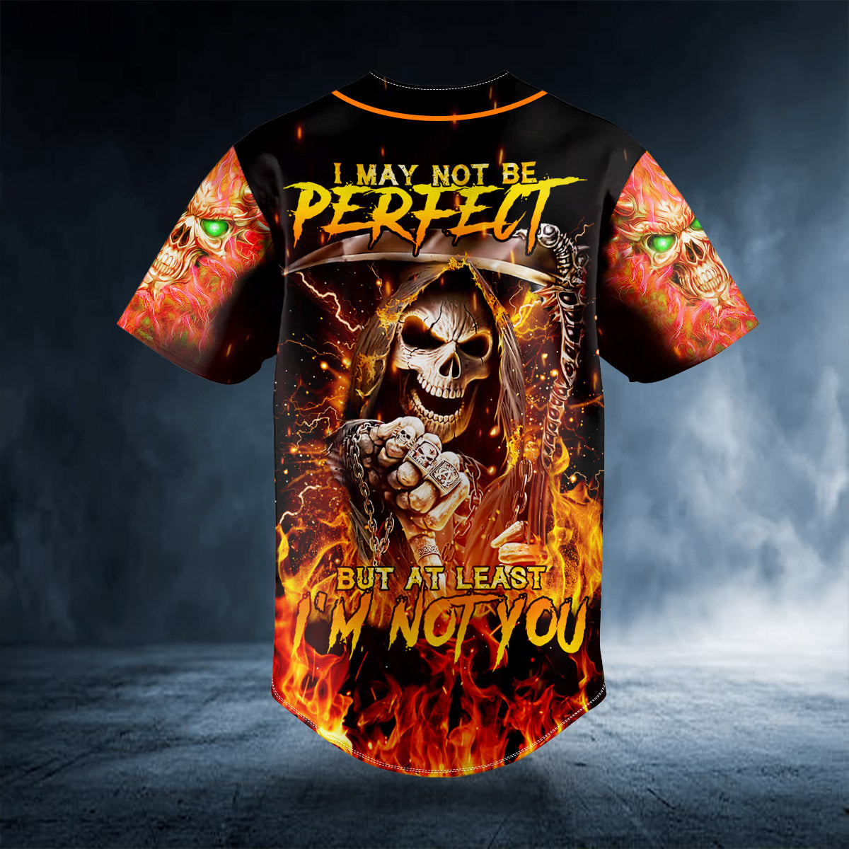 not be perfect but not you flaming metal grim reaper skull custom baseball jersey bsj 798 woryb