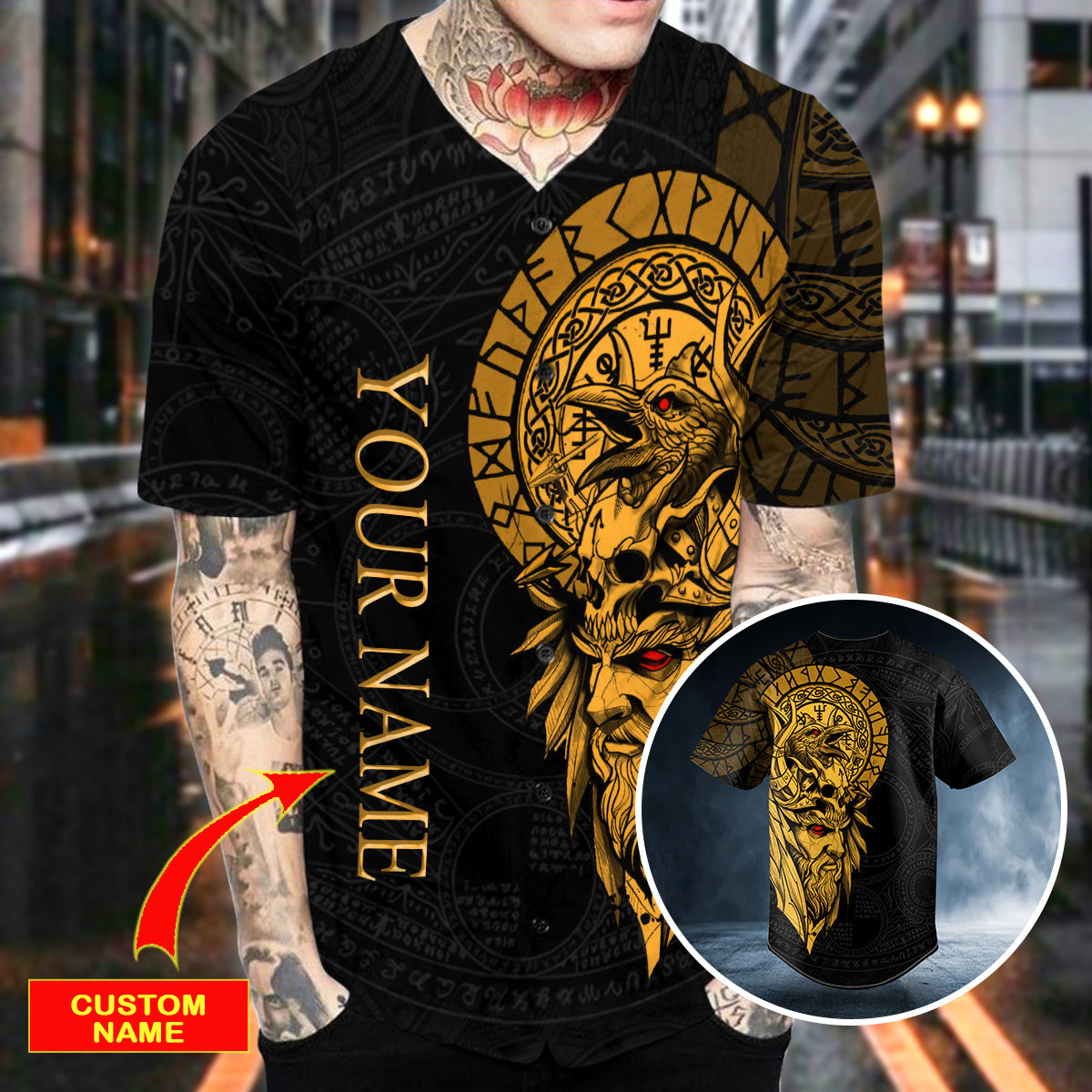 Odin Ragnarok Nordic Viking Yellow Tattoo Custom Baseball Jersey | BSJ-736