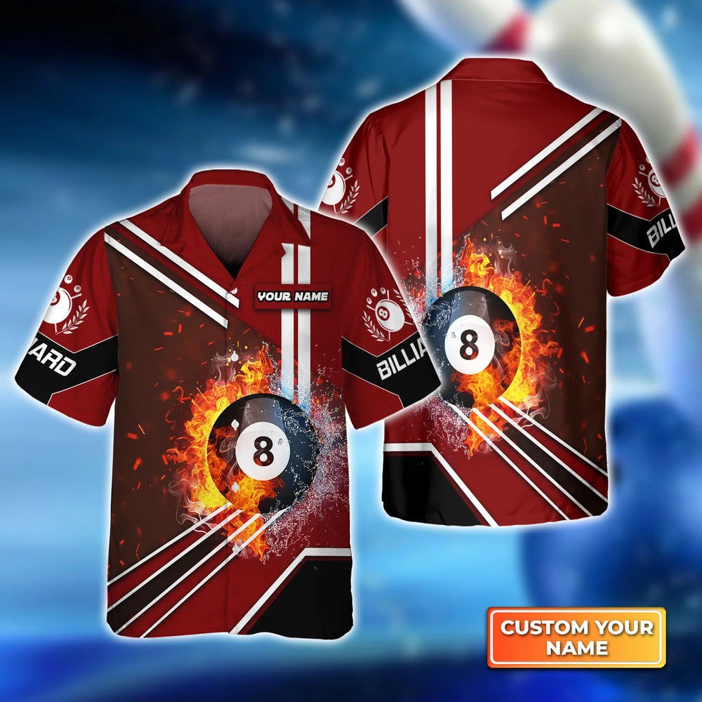 Personalized 3D Hawaiian Shirt for Billiard Players Featuring a Red 8 Ball on Fire – BIH084